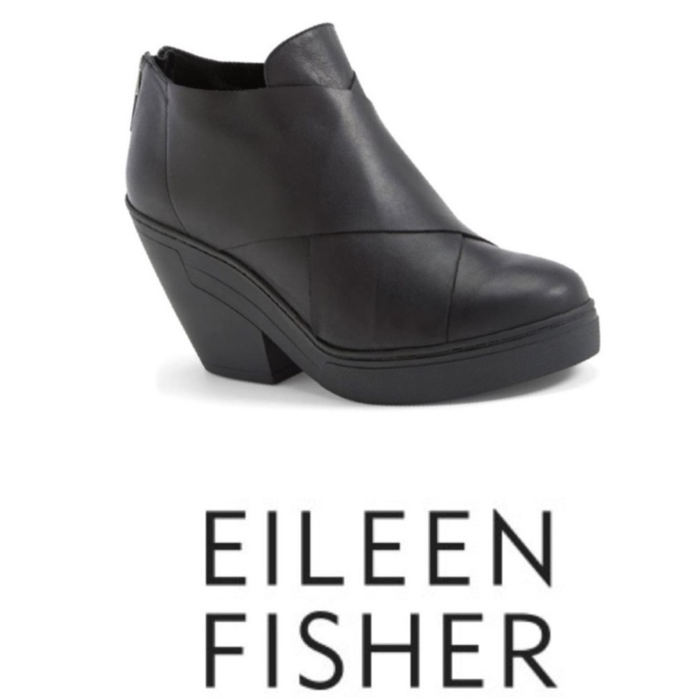 Eileen Fisher Cosmo Black Leather Wedge Ankle Boots